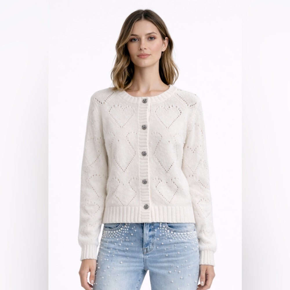 164. Queen of Hearts, heart buttons Open knit sweater, White, various sizes